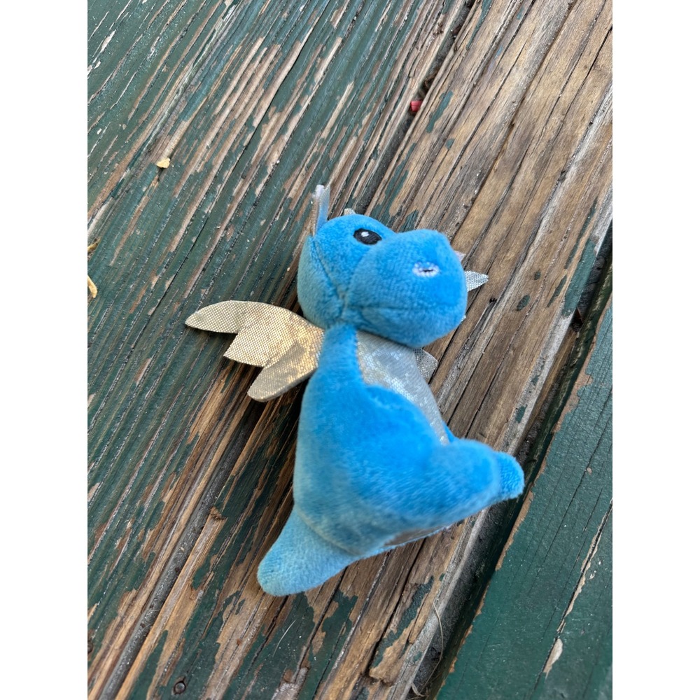 Small Blue Dragon Plush Toy with Silver Sparkle Wings and Belly 4 Inch